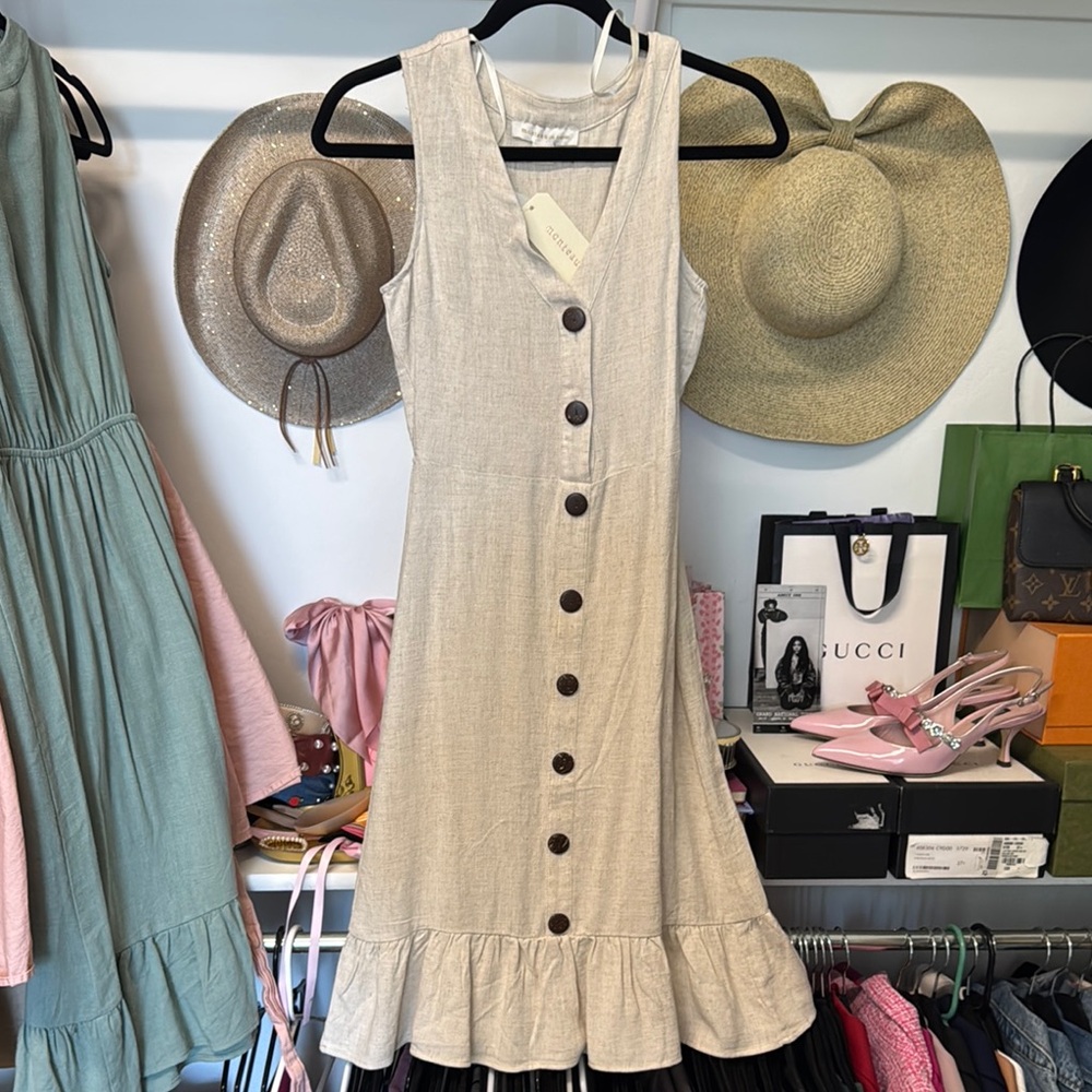 Monteau Beige Button-Down Midi Dress